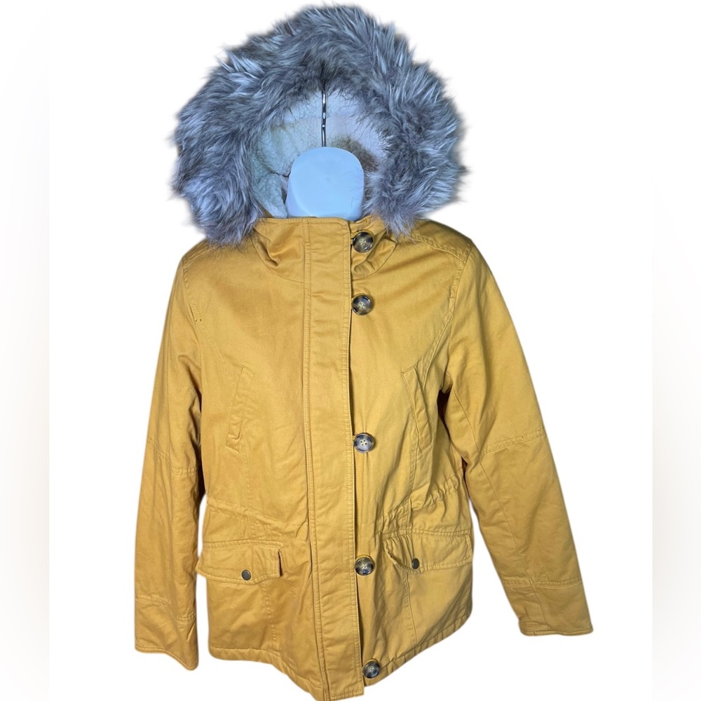 sebby Yellow Parka Jacket Coat Faux Fur Trim Hood Zip Up Quilted Lined Sz Medium